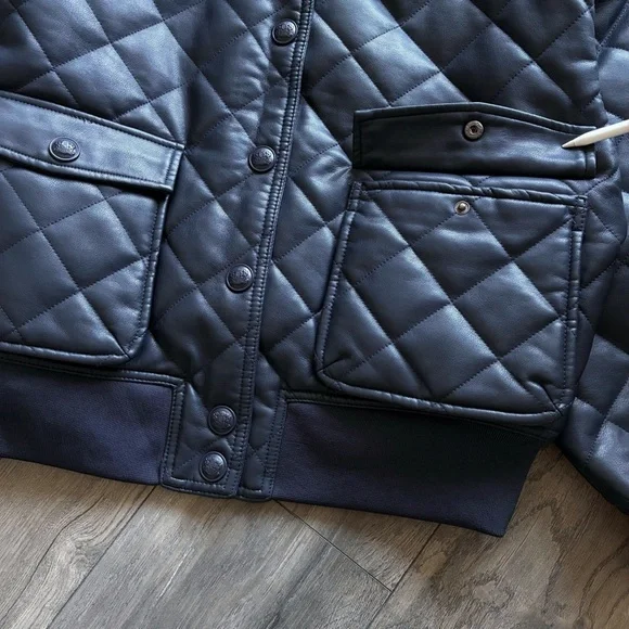 Rebecca Minkoff Diamond Quilted Faux Leather Navy Blue Bomber Jacket - Picture 3 of 12